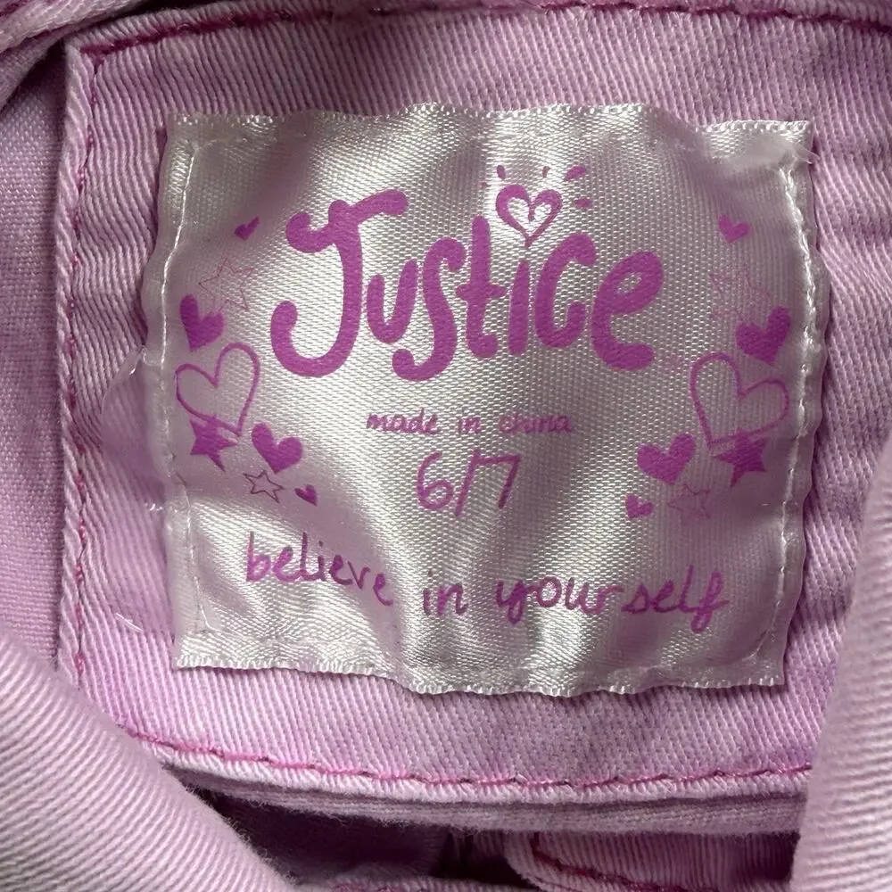 Justice Denim Jacket Girls Size 6/7 Pink Snap Closure Collared Lightweight